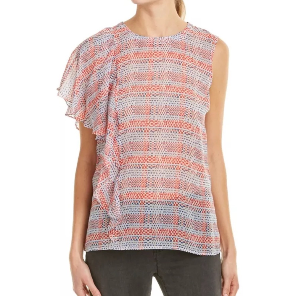 BCBGMaxAzria Matalin ruffle shoulder red white blue top
